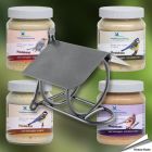 Erdnussbutter für Wildvögel - Set (4 x 300ml) & Glashalter aus Metall