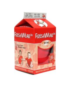 Freshwear™ Baby Rompertje Hot Red Medium 62-68 cm van 100% katoen, met korte mouwtjes, flexibele hals, drie drukknoopjes en melkpakverpakking.