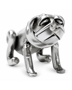 Compact metalen beeldje van een bulldog met brede kop, platte snuit en krulstaart. 4 x 7 x 5 cm. Leuk cadeau voor hondeneigenaar of verzamelaar.