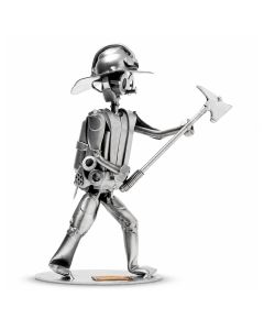 Metalen sculptuur in de vorm van een brandweerman, met helm en bijl | Hoezo-Kado