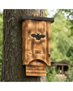 Großer Fledermaus-Koloniekasten aus geflammtem Holz, ca. 31 x 12 x 60 cm. Offene Unterseite, geriffelte Kletterfläche und Montage ab 4 bis 5 m.