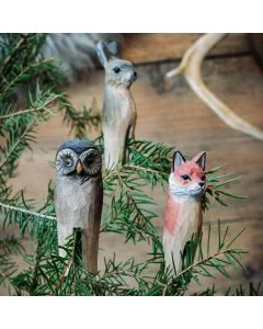 Set aus 3 handgeschnitzten Waldtieren: Fuchs, Eule und Hase. Für Weihnachtsbaum, Zimmerpflanzen und Dekozweige von Wildlife Garden.