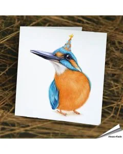 Atemberaubende Geburtstagskarte mit Eisvogel im Partylook ✔️ Handgezeichnet ✔️ Doppelkarte blanko ✔️ FSC-Papier ➤ Jetzt im Hoezo-Kado Shop bestellen