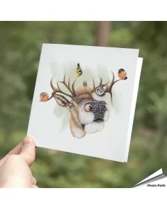Atemberaubende Grußkarte mit Rothirsch und Gartenvögel ✔️ Handgezeichnet ✔️ Doppelkarte blanko ✔️ FSC-Papier ➤ www.hoezo-kado.de