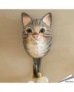 Handgemachter Holz-Kleiderhaken mit Katzen-Kopf (getigert) ✔️ Naturgetreu bemalt ✔️ Geschenkidee für Katzen- und Naturliebhaber ➤ Bestelle im Hoezo-Kado Shop