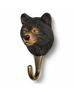 Kleiderhaken Schwarzbär von Wildlife Garden. Handgeschnitzter Holzkopf mit Glasaugen, brauner Schnauze und bronzefarbenem Metallhaken.
