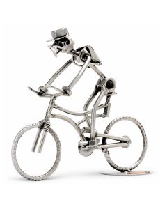 Handgemaakte Hinz & Kunst mountainbike sculptuur met fietser, robuust frame en grote wielen. Ca. 21 x 8 x 20 cm. Origineel cadeau voor mountainbiker.