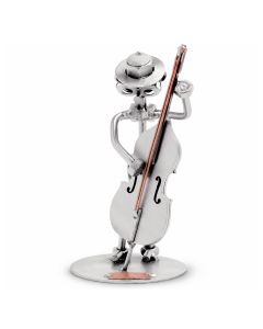 Handgemaakte Hinz & Kunst sculptuur van een contrabassist met contrabas en koperkleurige strijkstok. Ca. 10 x 10 x 19 cm. Origineel muzikaal cadeau.