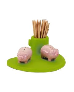Peper en Zout Set Varken met tandenstokerhouder, gemaakt van keramiek en kunststof. Speels en praktisch tafelaccessoire voor op de eettafel.