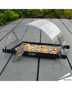Metall-Futtertisch mit Regenkuppel für Gartenvögel ✔️ Robuste Metallkonstruktion ✔️ Stabile, transparente Überdachung  ✔️ Für Bodenfresser ➤ Kaufe online bei Hoezo-Kado