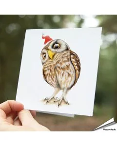 Fröhliche Weihnachtskarte mit dem Steinkauz in Feierstimmung ✔️ Hand gezeichnet ✔️ Doppelkarte mit leerem Inneren ✔️ FSC-Papier ➤ Hoezo-Kado Shop