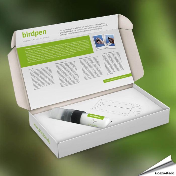Verhindere Vogelschlag mit dem Birdpen ✔️ Unsichtbare UV-Markierung für Glas ✔️ Einfach, effektiv & wetterfest ➤ Jetzt online bestellen bei Hoezo-Kado.de