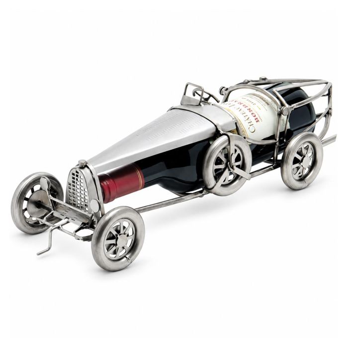 Metalen flessenhouder in de vorm van een klassieke Franse raceauto met spaakwielen en open cockpit. 43 x 13 x 14 cm. Origineel wijncadeau.
