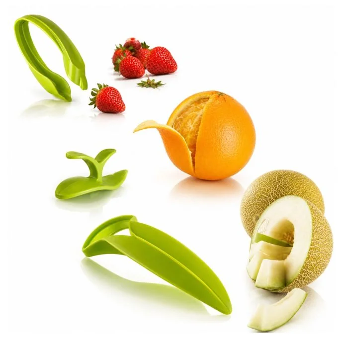 Vacu Vin Fruit Essentials 3-delige fruitset met meloensnijder, citruspeller en aardbeienontkroner. Praktisch, vaatwasserbestendig en eenvoudig in gebruik.