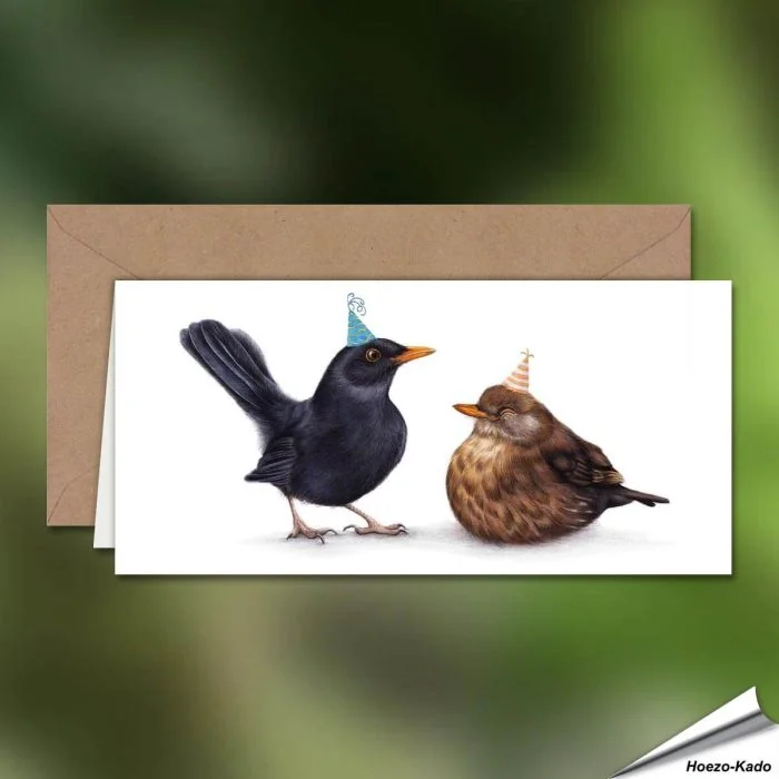 Geburtstagskarte - Mit Amsel-Motiv - Von Hand gezeichnet - www.hoezo-kado.de
