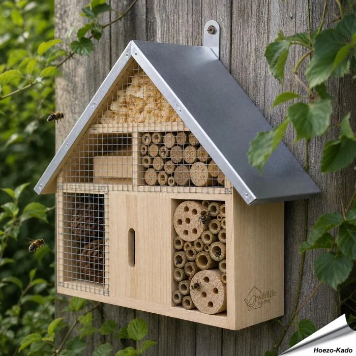 Insektenhotel gefertigt aus Kiefernholz ✔️ Mit Zinkdach ✔️ Mit natürlichen Füllmaterialien ✔️ Eingebaute Metall-Aufhängung ➤ Bestelle jetzt bei Hoezo-Kado