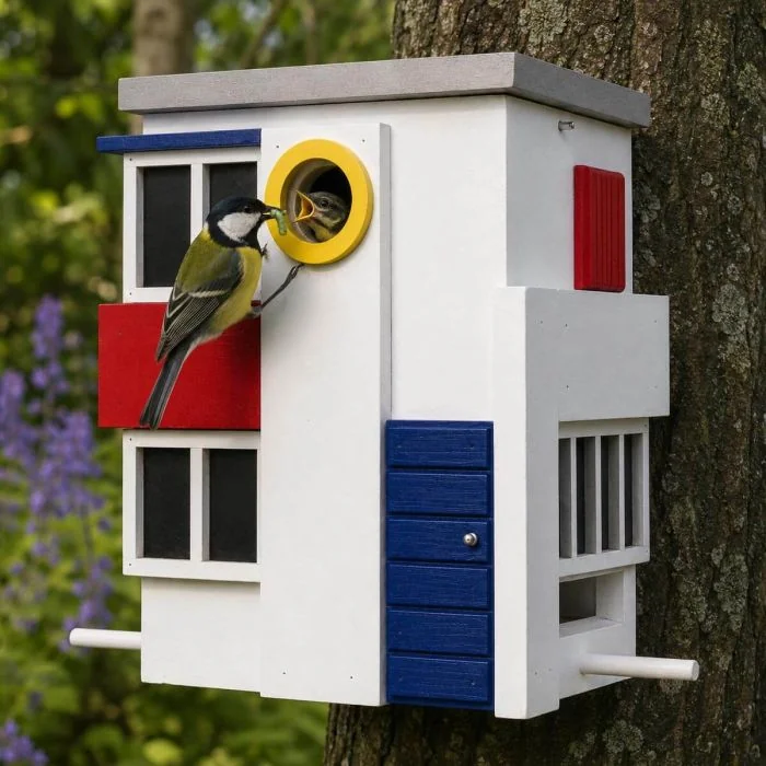 Multiholk De Stijl - Wildlife Garden ✔️ Nistkasten und Futterhaus in einem ✔️ Für kleine Gartenvögel ✔️ Inspiriert nach dem Kunststil De Stijl ➤ Hoezo-Kado