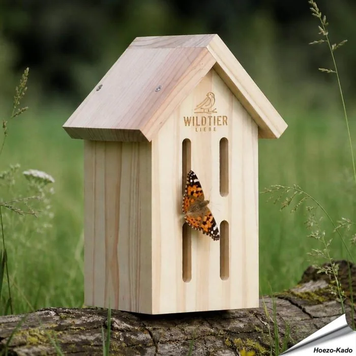 Schmetterling-Hotel aus Holz ✔️ Mit schmalen, vertikalen Öffnungen ✔️ Naturbelassene, verschraubte Konstruktion aus FSC-Holz ➤ Bestelle jetzt bei Hoezo-Kado