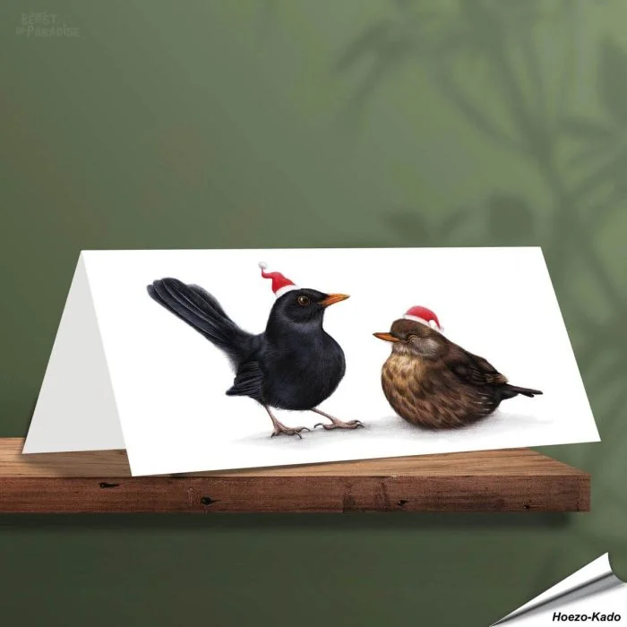 Weihnachtskarte - Mit Amselmotiven - Von Hand gezeichnet - www.hoezo-kado.de